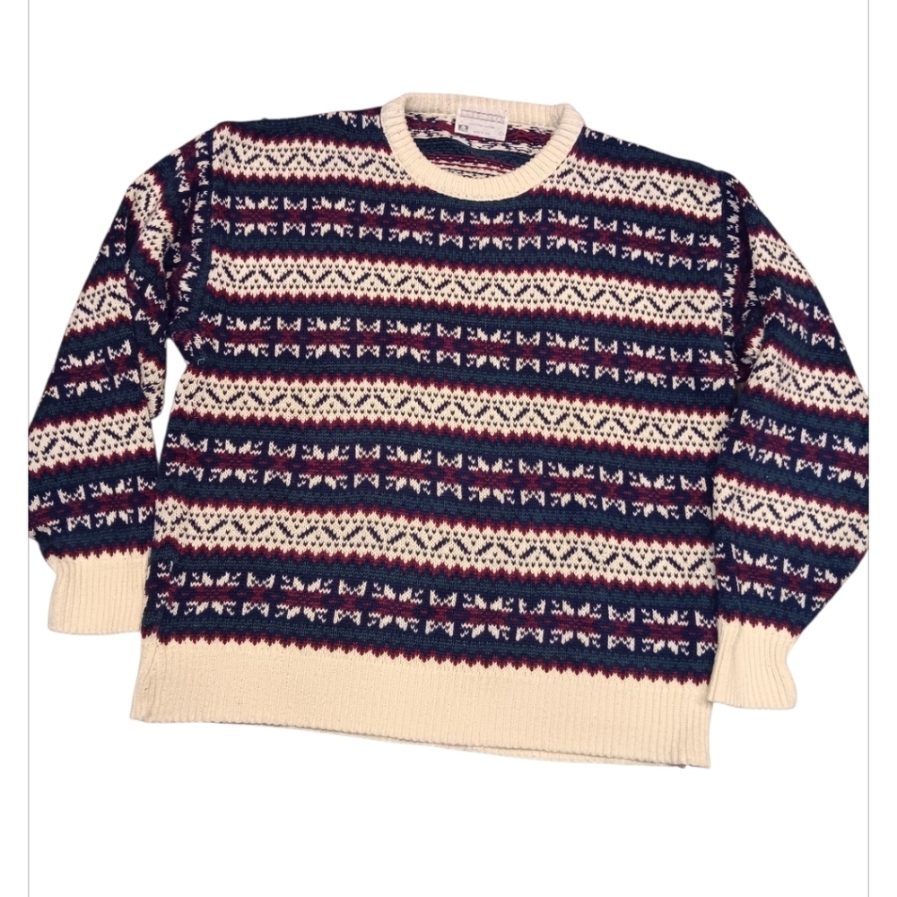 90s Lord Jeff Men's Navy and Cream Patterned Crewneck Sweater Sz L